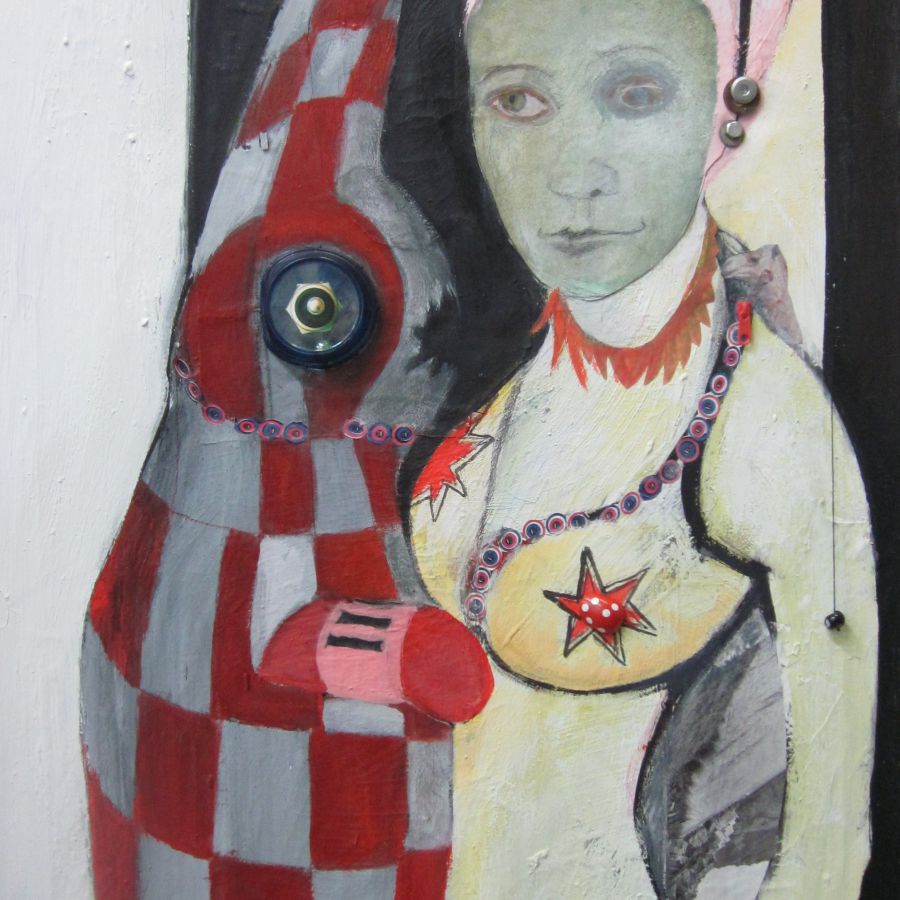 Gertrud Schleising, Poppy, 2012, Acryl, Collage,Stickerei, Applikation auf Nessel, 105x60 cm

