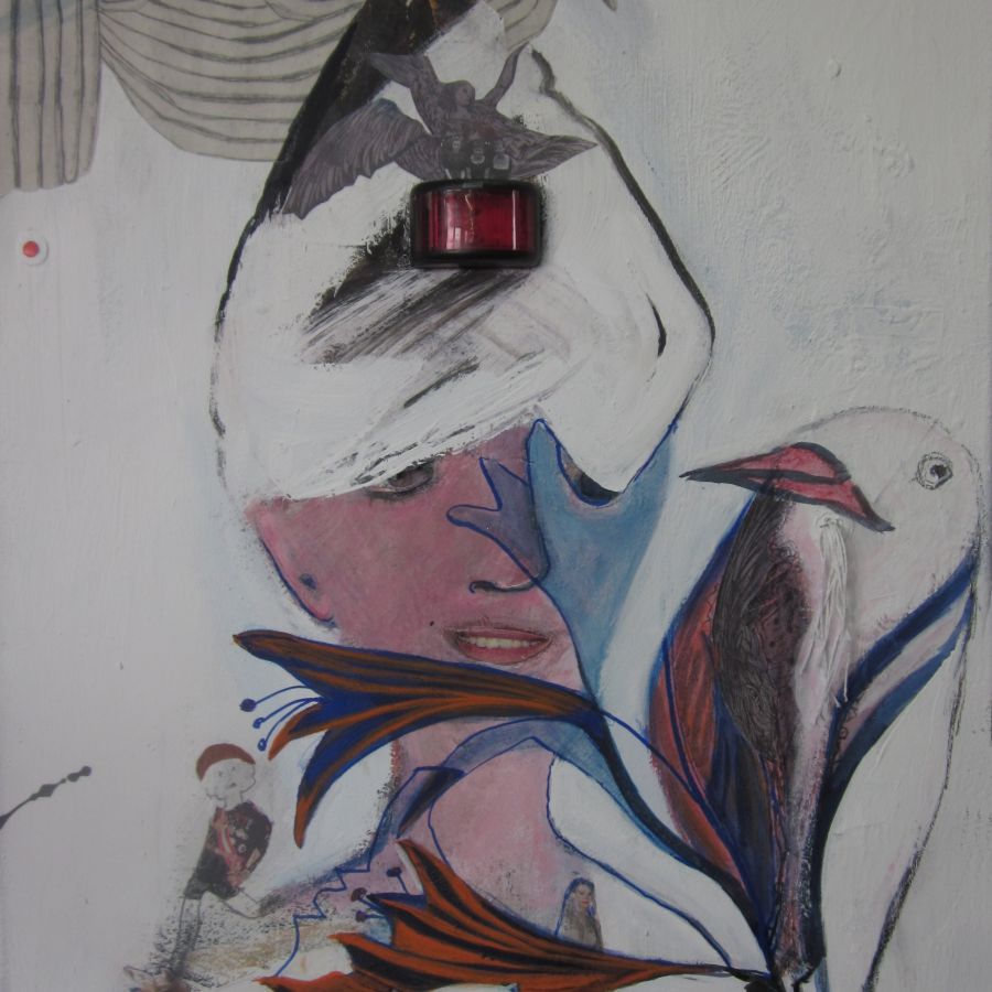 Gertrud Schleising, Sweetheart oder Rosa Bonheur, 2012, Acryl, Collage,Stickerei, Applikation auf Nessel, 70x50 cm
