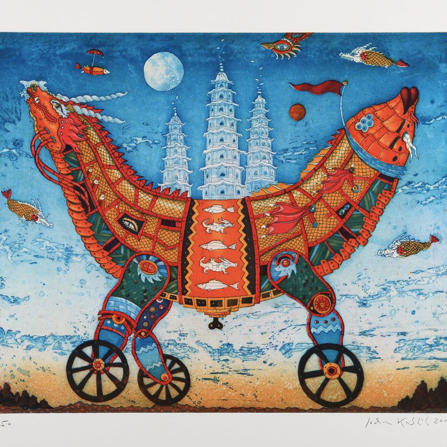 Jochen Kublik, Delivery of the Pagodas, 2019, Farbradierung, 40x50 cm
