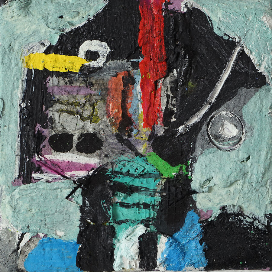 Kleiner Bunter Kopf, 2020, Öl, Collage auf Leinwand, 20x20cm