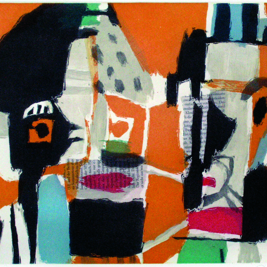 Menno Fahl, Kleines Orangenes Paar, 2006, Farbradierung, Collage, 25x35cm