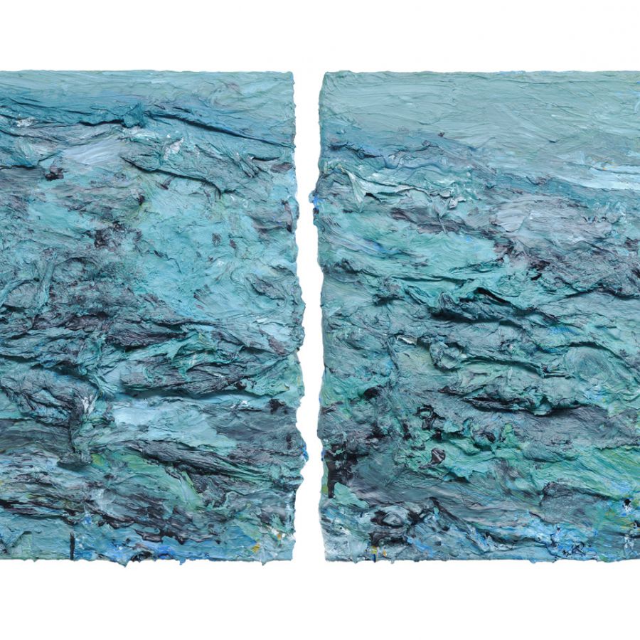 Sabine Seemann, grüne substanz (Diptychon), 2017, Acryl, Tissue auf Nessel, 70x100 cm
